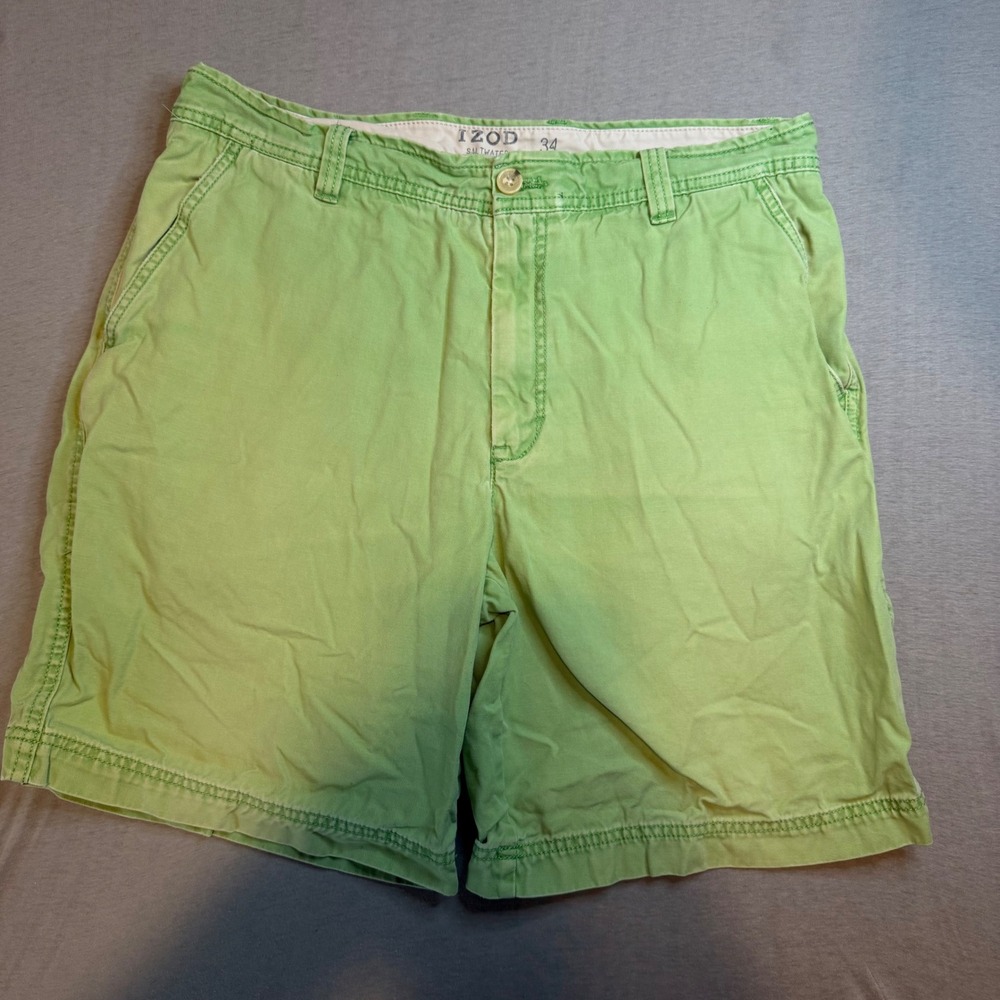 IZOD Saltwater Chino Shorts Mens 34 Lime Green‎ Cotton Twill Flat Front Casual